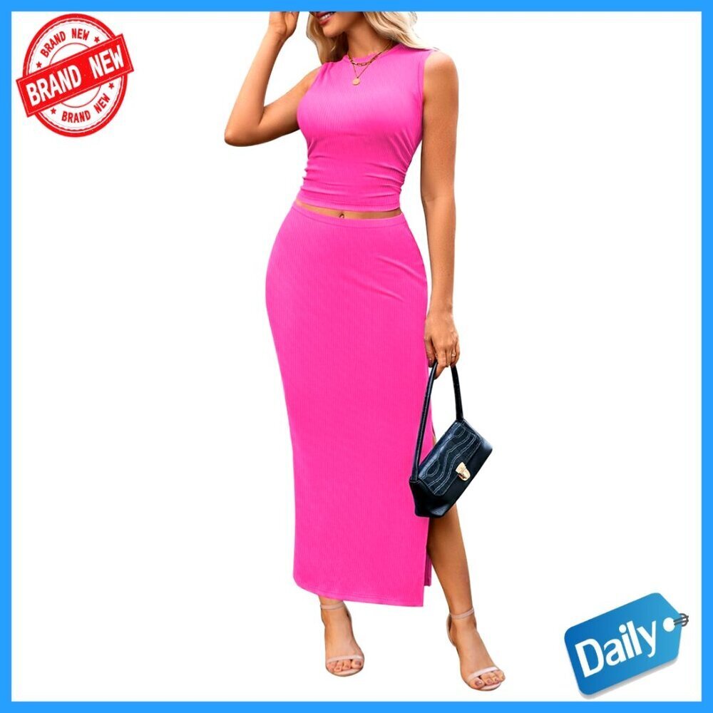 Sleeveless Ruched Tank Top Bodycon Slit Maxi Skirt 2 Piece Set